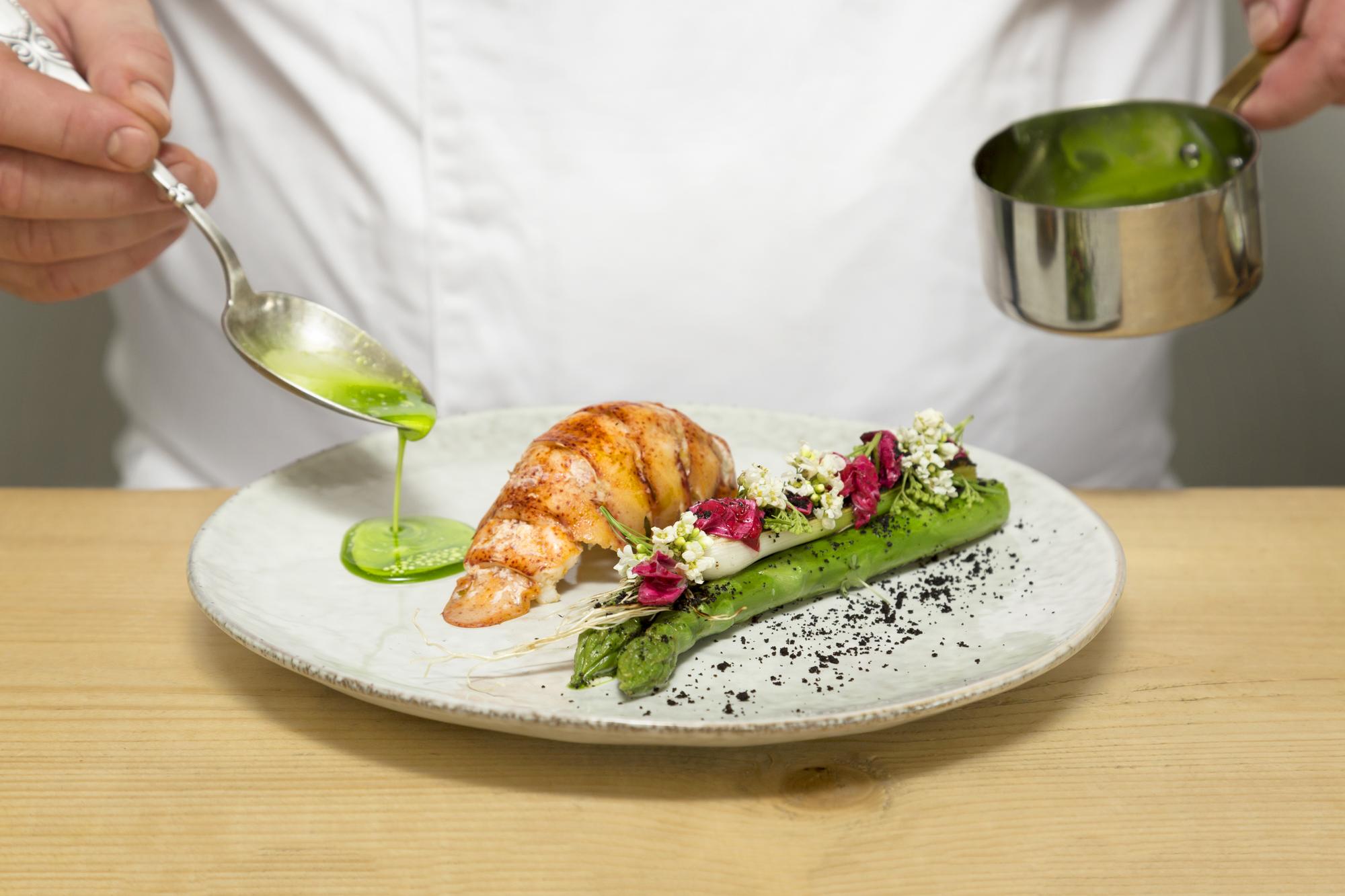 Chef arranging plated dish with herbs